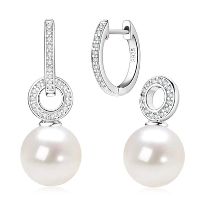 Anziw Real 925 Sterling Silver Hoop Earrings 9-10mm White Shell Pearl Drop Earring Detachable Wedding Party Jewelry for Women