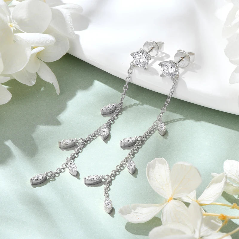Anziw Leaf Dangle Long Drop Earrings Silver 925 for Women Real Moissanite Chandelier Earrings Wedding Jewelry Korean Accessories
