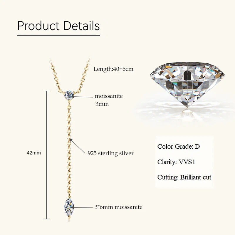 Anziw 3mm D Color Moissanite Y Shape Long Pendant Necklace for Women Adjustable Chain 100% 925 Silver Jewelry Trendy 2025 Gifts