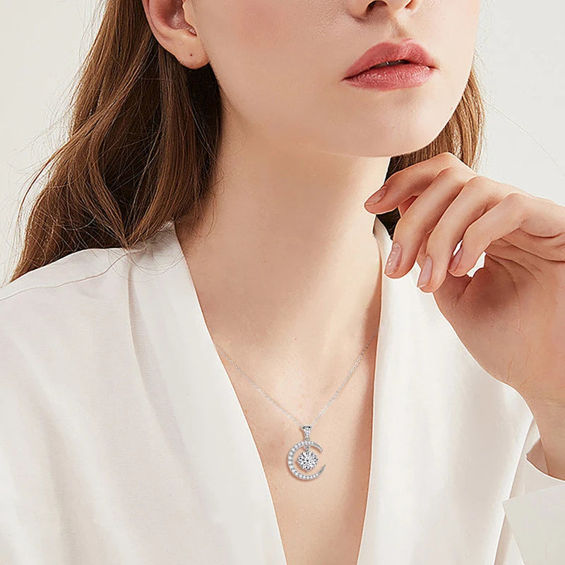 Anziw 8mm 2.0CT D Moissanite Sun Crescent Pendant Necklaces For Women 925 Silver Adjustable Chain Charm Certified Jewelry Gifts