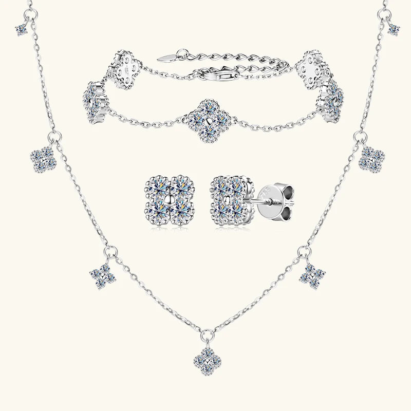 Anziw 3mm D Moissanite Jewelry Set Clover Flower Pendant Necklace Earrings Bracelet 3 in 1 Sets for Women 925 Silver Charm Gifts