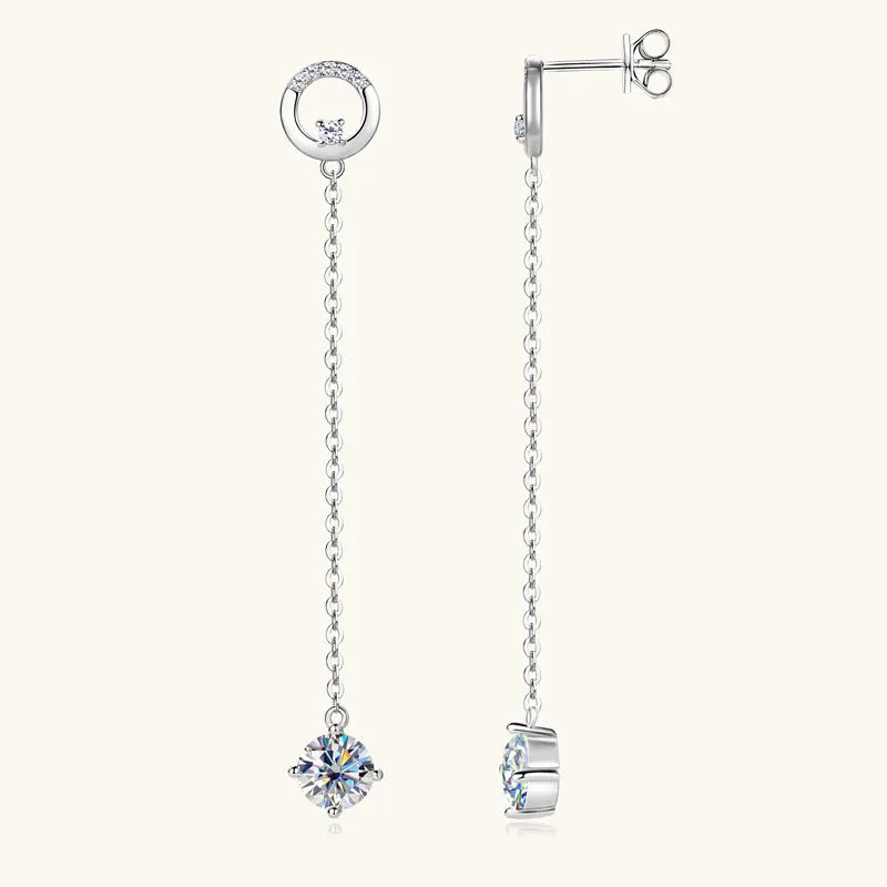 Anziw 6.5mm 1.0ct D Moissanite Drop Earrings for Women 925 Silver Circle Stud Long Chain Dangle Earrings Certified Jewelry Gifts