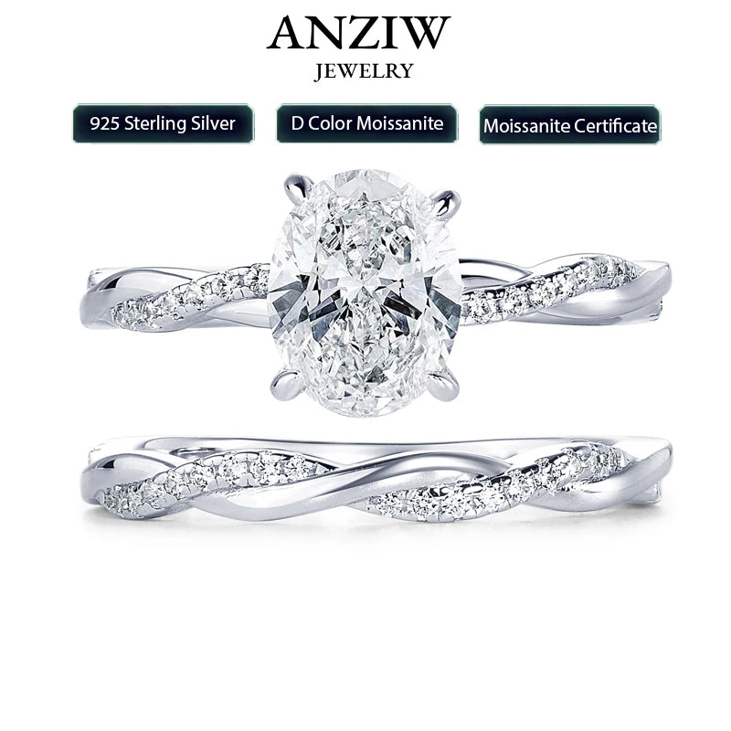 Anziw Original 925 Sterling Sliver Bridal Ring Set 2.0 Carat Oval Moissanite Engagement Wedding Promise Bands Jewelry for Women