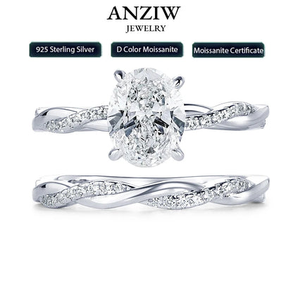 Anziw Original 925 Sterling Sliver Bridal Ring Set 2.0 Carat Oval Moissanite Engagement Wedding Promise Bands Jewelry for Women
