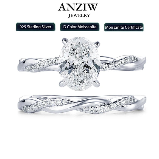 Anziw Original 925 Sterling Sliver Bridal Ring Set 2.0 Carat Oval Moissanite Engagement Wedding Promise Bands Jewelry for Women