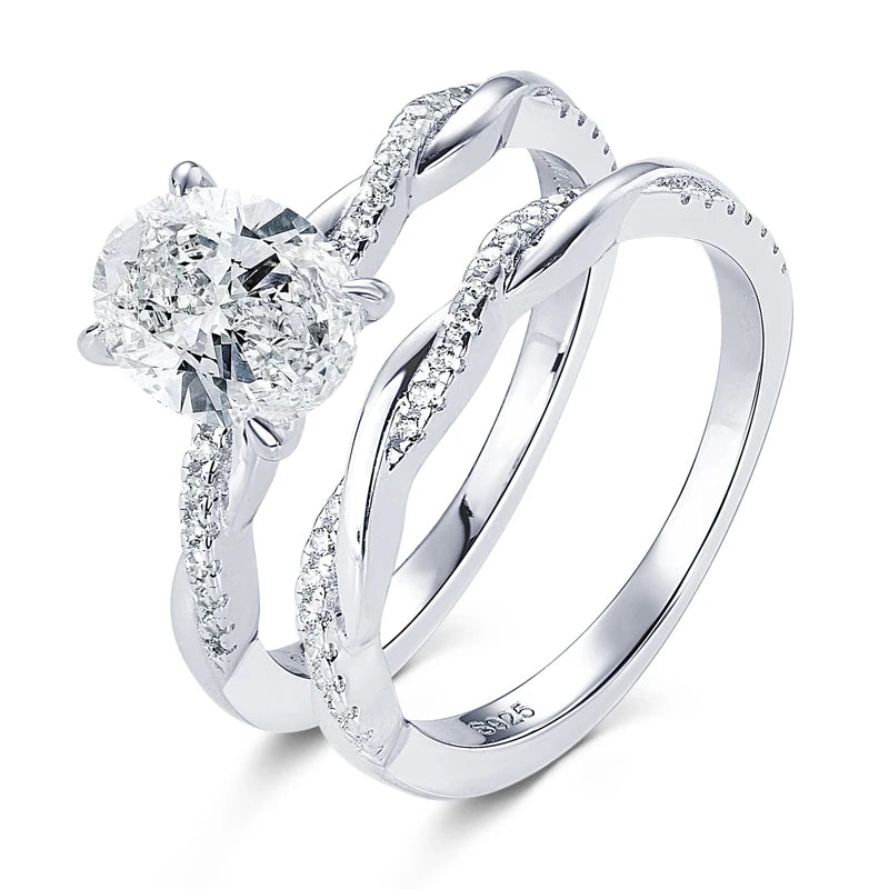 Anziw Original 925 Sterling Sliver Bridal Ring Set 2.0 Carat Oval Moissanite Engagement Wedding Promise Bands Jewelry for Women