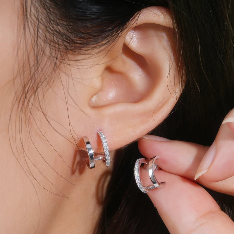 Anziw NEW 4mm Moissanite Piercing Stud Ear Cuffs 925 Sterling Silver Double Side Hoop Earrings for Women Illusion Jewelry Gifts