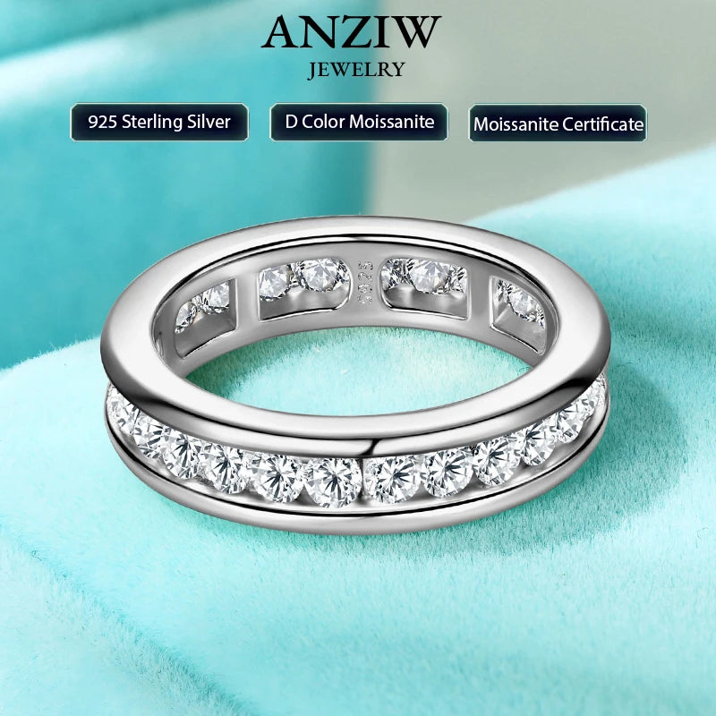 Anziw 2.5mm Full Eternity Band Moissanite Ring Real 925 Sliver for Women Trendy Wedding Engagement Finger Jewelry & Certificate
