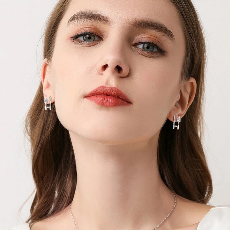 Anziw NEW 4mm Moissanite Piercing Stud Ear Cuffs 925 Sterling Silver Double Side Hoop Earrings for Women Illusion Jewelry Gifts