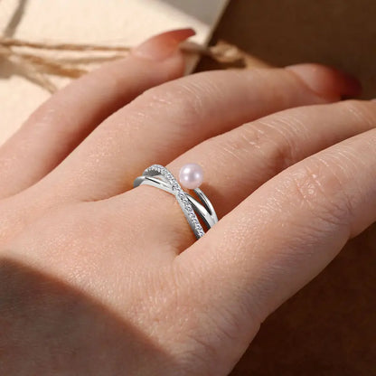 ANZIW s925 4-4.5mm Natural Freshwater Pearl Cross Rings for Women 925 Sterling Silver Trendy Opening Bands Ring Finger Jewelry