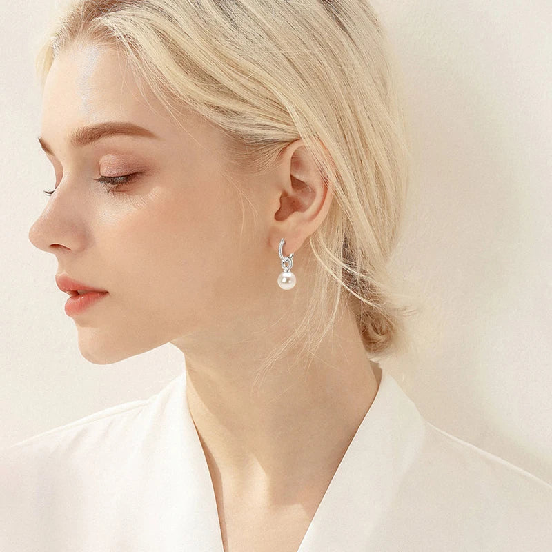 Anziw Real 925 Sterling Silver Hoop Earrings 9-10mm White Shell Pearl Drop Earring Detachable Wedding Party Jewelry for Women