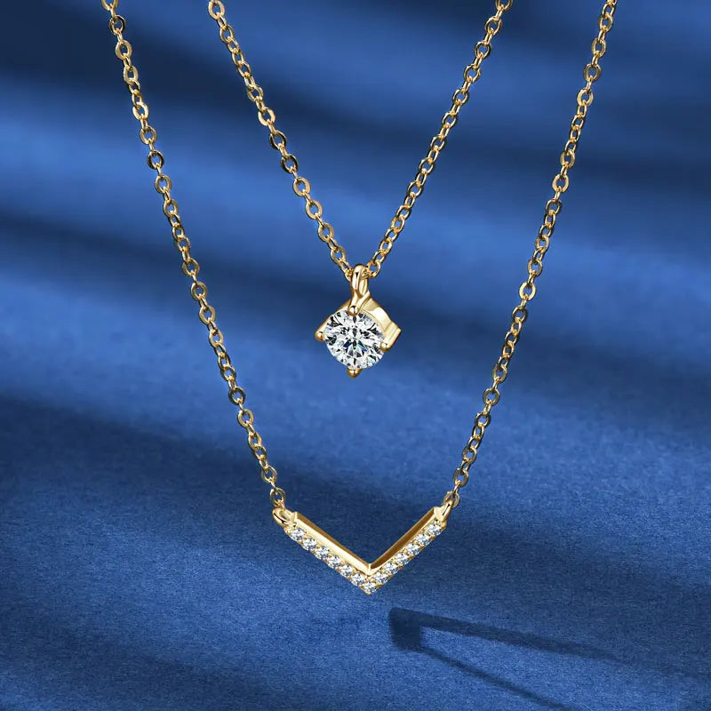 Anziw V Letter 5mm Moissanite Pendant Double Layer Necklace for Women 925 Sterling Silver Chain Clavicle 2025 New Jewelry Gifts