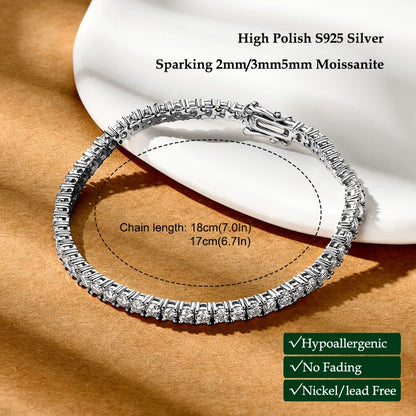 Anziw 925 Sterling Silver Plated 14K Gold Tennis Bracelet 3mm 5mm D VVS1 Round Moissanite Bracelets for Women Men Couples Gifts