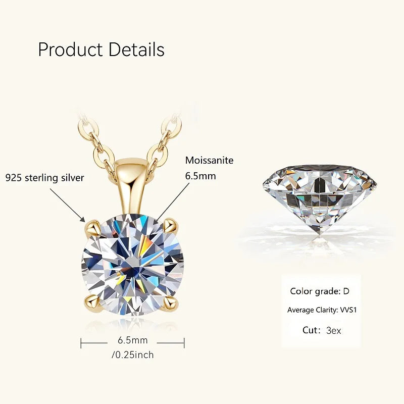 1.0 carat 2ct 3ct D Moissanite Solitaire Drop Necklaces 18k Gold Plated Pendant Original Real 925 Silver Chain Jewelry for Women