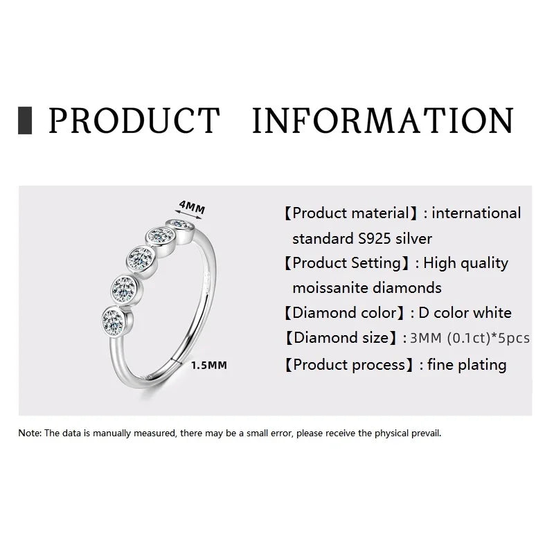 Anziw 925 Sterling Silver 3mm D-E Moissanite Rings for Women Fashion Five Stones Ring Daily Wear Finger Band Fine Jewelry Gifts