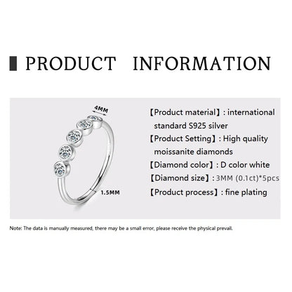 Anziw 925 Sterling Silver 3mm D-E Moissanite Rings for Women Fashion Five Stones Ring Daily Wear Finger Band Fine Jewelry Gifts