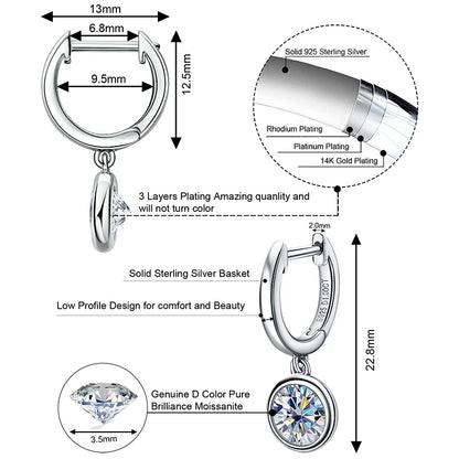 Anziw 2023 Trend Women's Gold Hoop Earrings Genuine 925 Silver 1CT 2CT Moissanite Drop Earring Wedding Jewelry With Certificate