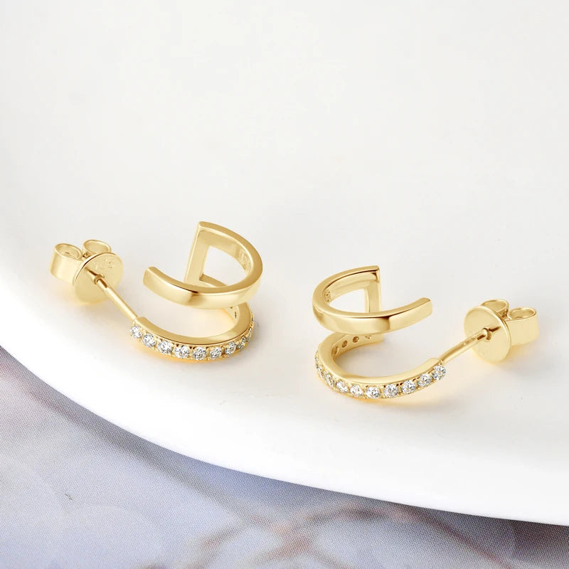 Anziw NEW 4mm Moissanite Piercing Stud Ear Cuffs 925 Sterling Silver Double Side Hoop Earrings for Women Illusion Jewelry Gifts