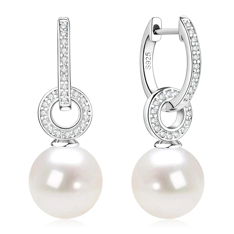 Anziw Real 925 Sterling Silver Hoop Earrings 9-10mm White Shell Pearl Drop Earring Detachable Wedding Party Jewelry for Women