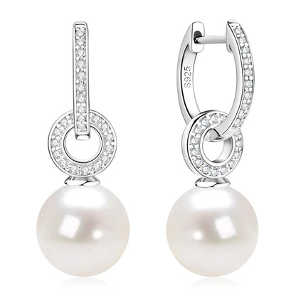Anziw Real 925 Sterling Silver Hoop Earrings 9-10mm White Shell Pearl Drop Earring Detachable Wedding Party Jewelry for Women