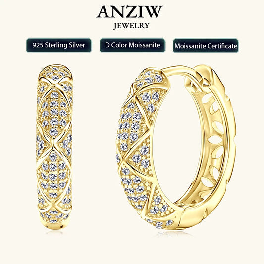 Anziw 2025 New Pave D Moissanite Hoop Huggies Earrings 925 Silver for Women S925 Trendy Fine Jewelry Certified lab Diamond Gift