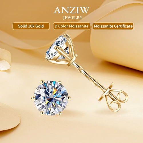 Anziw Real Gold 10K Stud Earrings Moissanite 1ct  6.5mm D Color Screw Back Six Claws Earrings for Women Men Classic Gold Jewelry