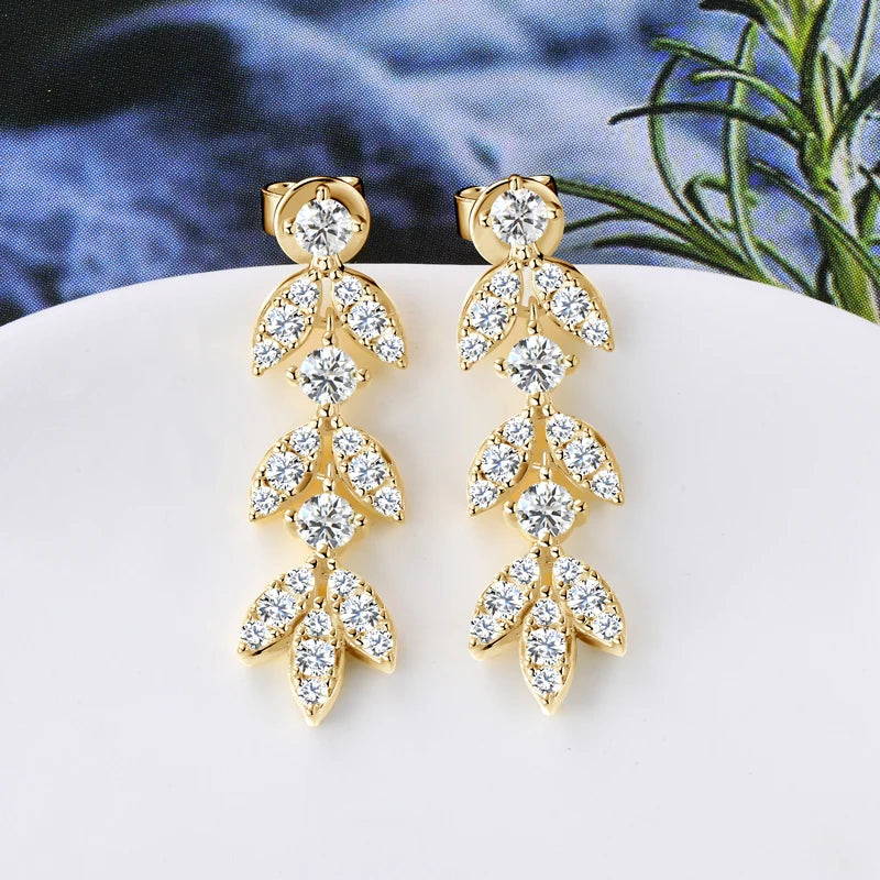 ANZIW Real Moissanite Earrings Leaf Chandelier Drop Dangle Long Earrings 925 Silver Piercing Studs for Women Cute Jewelry Korean