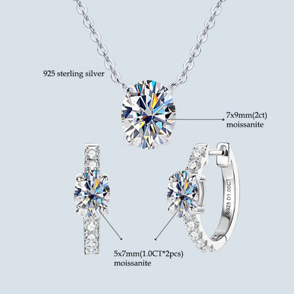 4.0cttw Oval Cut D Moissanite Jewelry Set Real 925 Silver Pendant Necklace and Luxury Hoop Earrings Sets for Women Trendy Gift