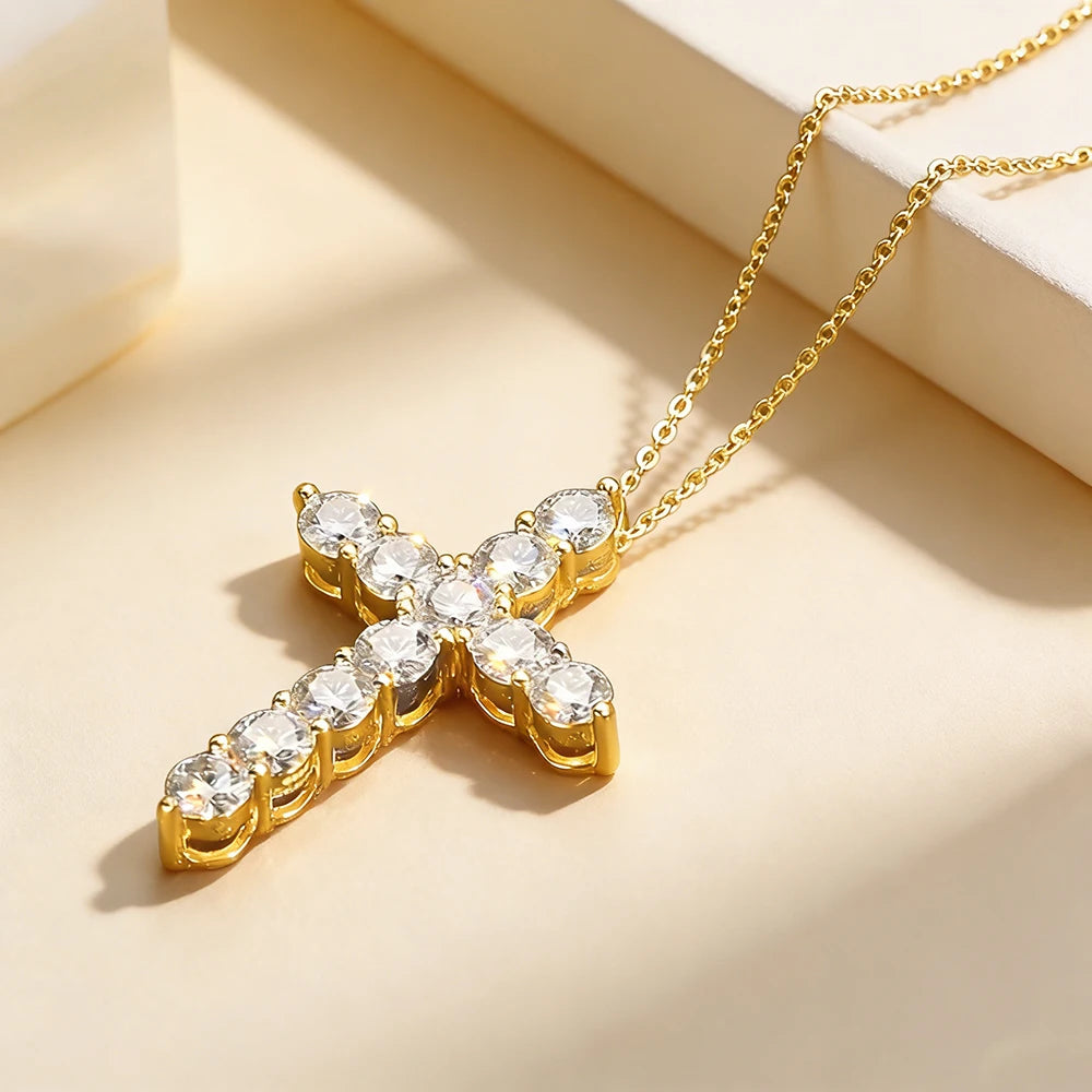Anziw GRA Certified 3.5mm D Color Moissanite Cross Pendant Necklace 14k Gold Filled Collar Religious Jewelry for Women Men Gifts