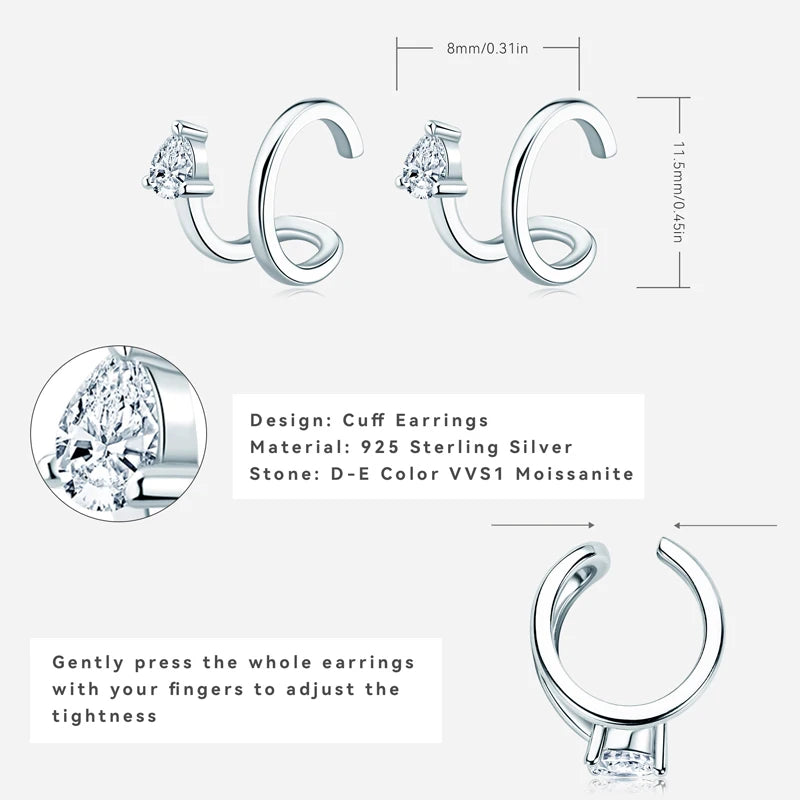 Anziw Ear Cuffs No Piercing Earring Real Pear Cut D0.30ct Moissanite Clip On Earrings 100% 925 Sterling Silver for Women Jewelry