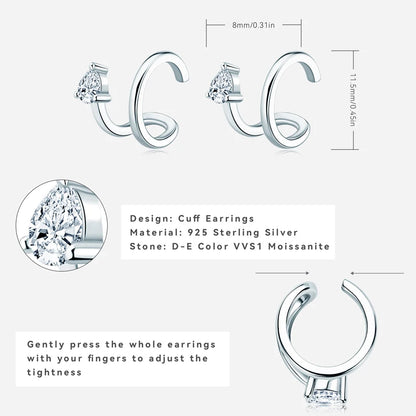 Anziw Ear Cuffs No Piercing Earring Real Pear Cut D0.30ct Moissanite Clip On Earrings 100% 925 Sterling Silver for Women Jewelry