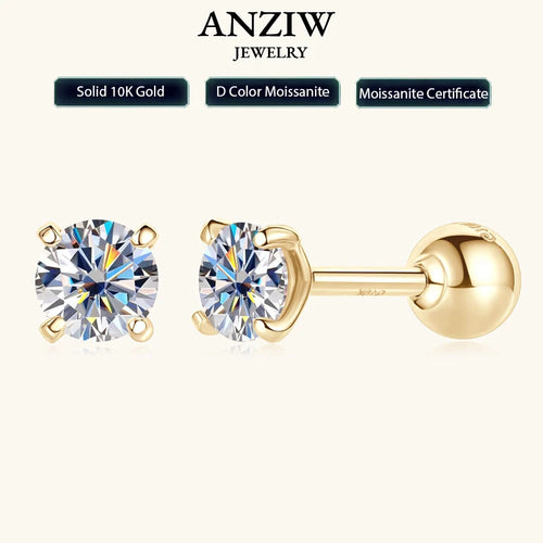 Anziw 10K Yellow Gold Moissanite Sparking Stud Earrings for Couple Men Women Real Gold Wedding Jewelry D Color VVS1 Lab Diamond