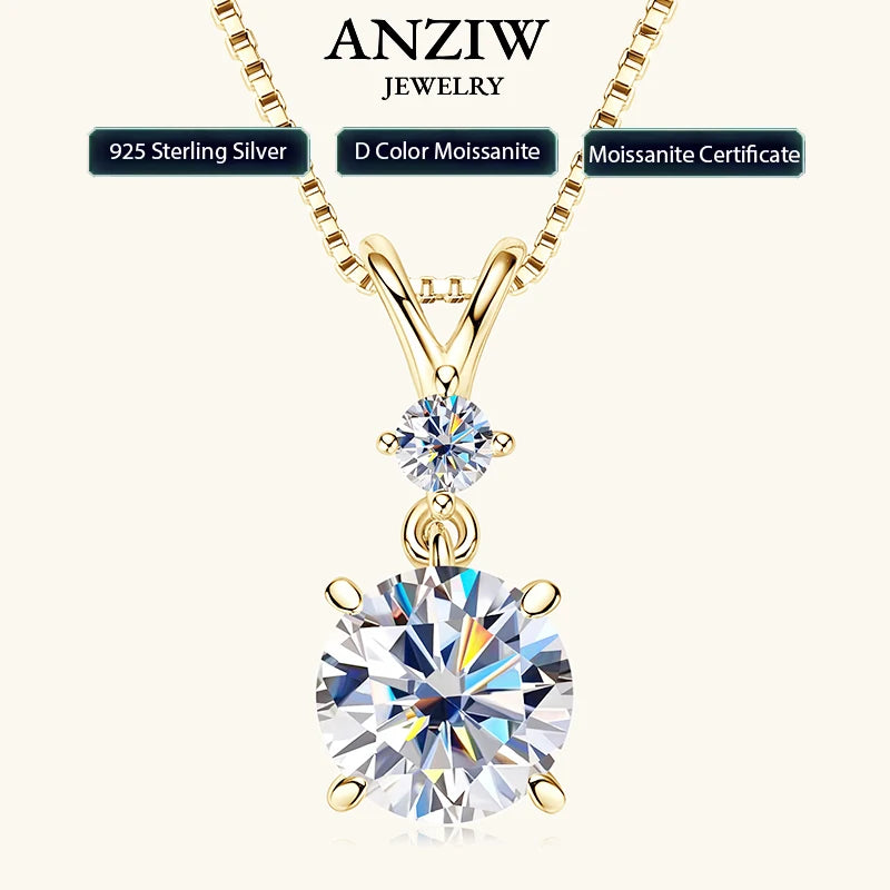 Anziw 1CT 2CT 3CT Moissanite Pendant Necklace for Women 925 Silver Adjustable Chain Sparking Two Stones Necklaces Gift Valentine