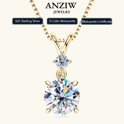 Anziw 1CT 2CT 3CT Moissanite Pendant Necklace for Women 925 Silver Adjustable Chain Sparking Two Stones Necklaces Gift Valentine