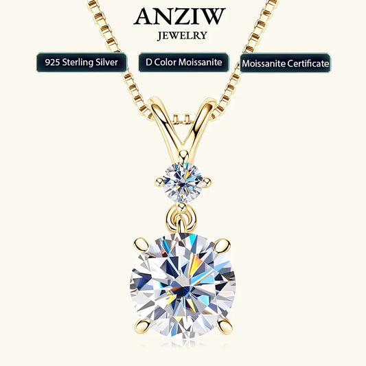 Anziw 1CT 2CT 3CT Moissanite Pendant Necklace for Women 925 Silver Adjustable Chain Sparking Two Stones Necklaces Gift Valentine