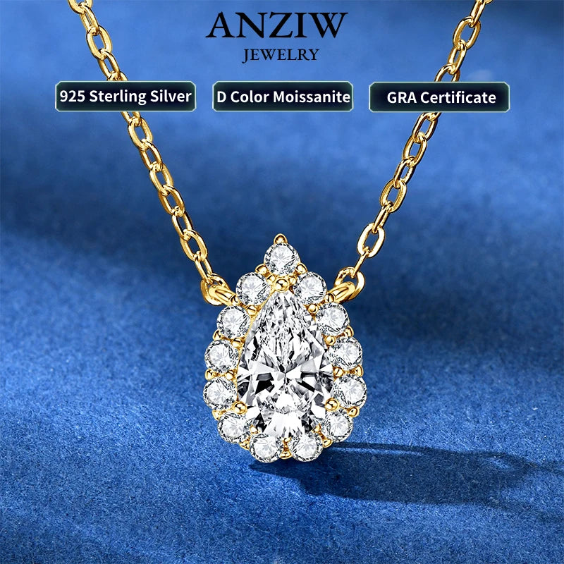 S925 Teardrop Necklace 1.0CT Pear Cut D Moissanite Pendant Necklaces for Women 925 Silver Adjustable Chain Certified Jewelry