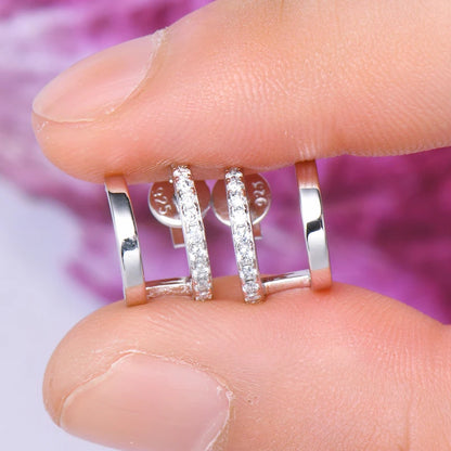 Anziw NEW 4mm Moissanite Piercing Stud Ear Cuffs 925 Sterling Silver Double Side Hoop Earrings for Women Illusion Jewelry Gifts