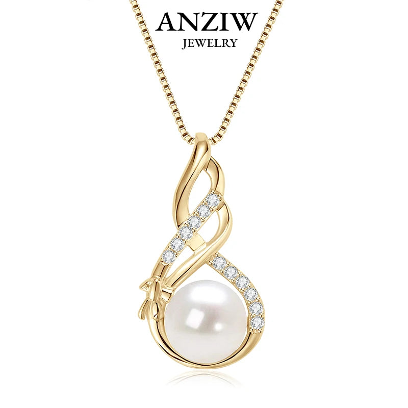 Anziw 10mm Freshwater Pearl Pendant Infinity Necklace 100% 925 Silver Adjustable Chain Fashion Fine Jewel for Women Gift 45+5cm