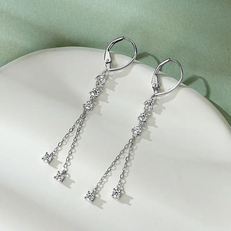 Anziw 6cm Long Tassel 3mm D Moissanite Drop Earrings for Women 925 Sterling Silver Hoop Clip Earrings Wedding Fine Jewelry Gifts