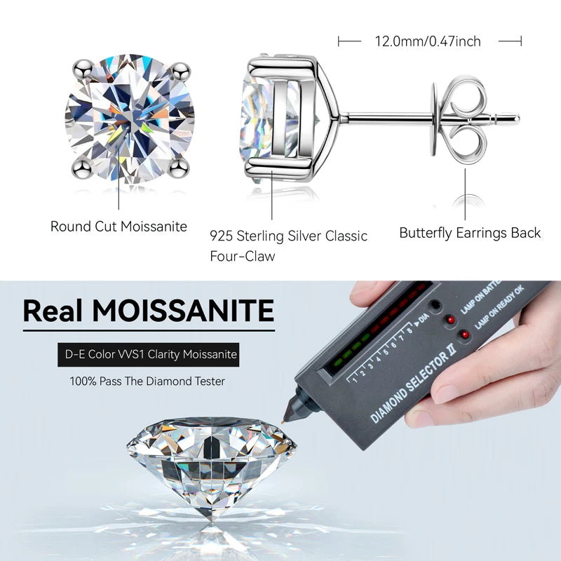 Anziw 2023 Trendy Stud Earrings for Women 100% 3-11mm 0.1-5.0ct D Color Moissanite 925 Sterling Silver Sparkling Wedding Jewelry