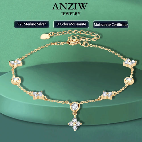 Anziw Silver 925 Four Leaf Clover Bracelet Certified D Color Moissanite Bracelets Gold Plated Charm for Women Lucky Jewelry Gift