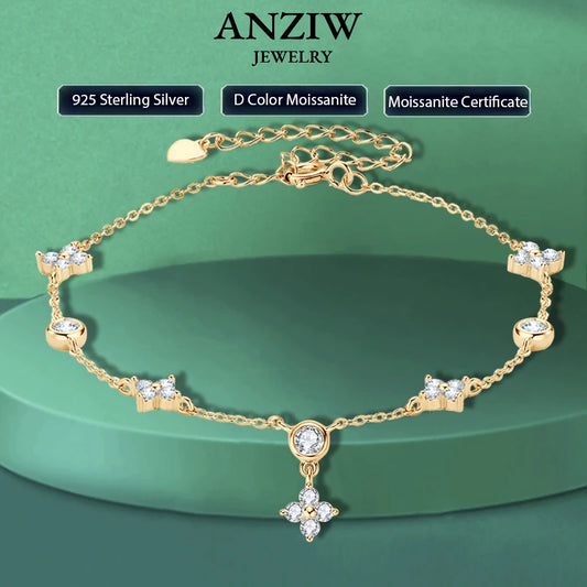 Anziw Silver 925 Four Leaf Clover Bracelet Certified D Color Moissanite Bracelets Gold Plated Charm for Women Lucky Jewelry Gift