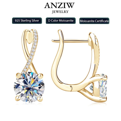 Anziw D2.0CT Moissanite Drop Huggie Earrings Real 925 Silver Women Gold Plated Hoops Infinite Earring Certified Wedding Jewelry