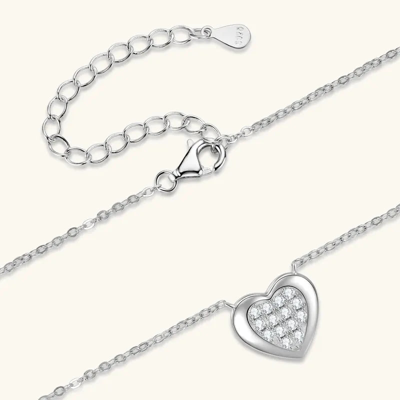 Anziw Love Heart Full Moissanite Solitaire Pendant Necklace for Women 925 Silver Chain Adjustable Collar Jewelry Gift Valentines
