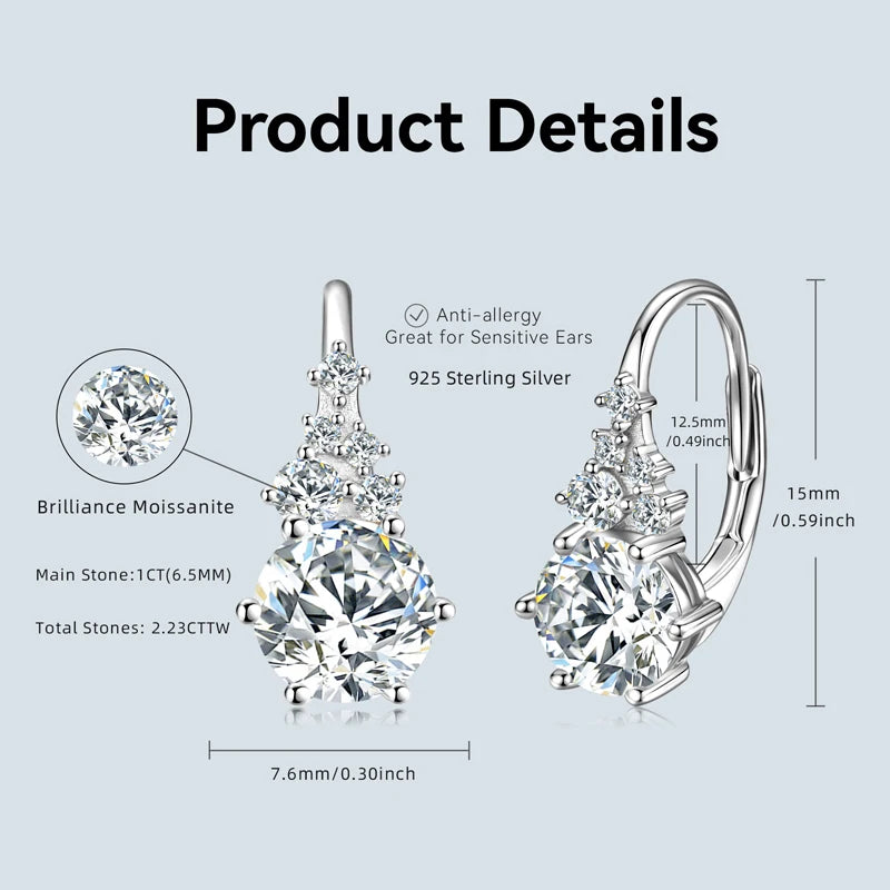 2025 New 2.23CTTW. Full D Moissanite Drop Hoop Earrings for Women 925 Silver Clip Earrings Wedding Fine Jewelry Gift 6.5mm 1.0CT
