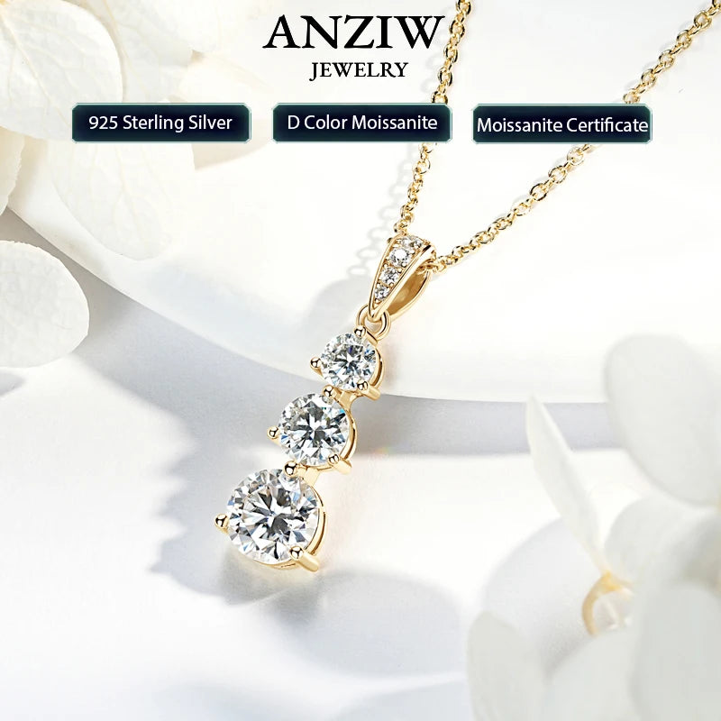 Real Certified Gradual Three Stone Moissanite Pendant Necklace 100% 925 Silver for Women Luxury Wedding Anniversary Jewelry Gift