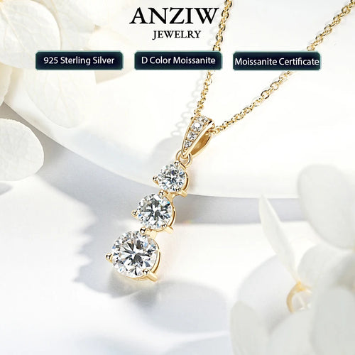 Real Certified Gradual Three Stone Moissanite Pendant Necklace 100% 925 Silver for Women Luxury Wedding Anniversary Jewelry Gift