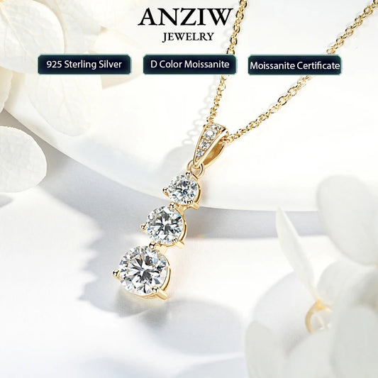 Real Certified Gradual Three Stone Moissanite Pendant Necklace 100% 925 Silver for Women Luxury Wedding Anniversary Jewelry Gift