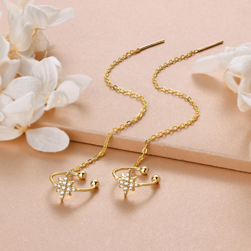 Anziw Moissanite Star Ear Line Cuff Crawler Climber Earrings for Women 925 Silver Long Chain Threader Earring GRA Jewelry Gifts