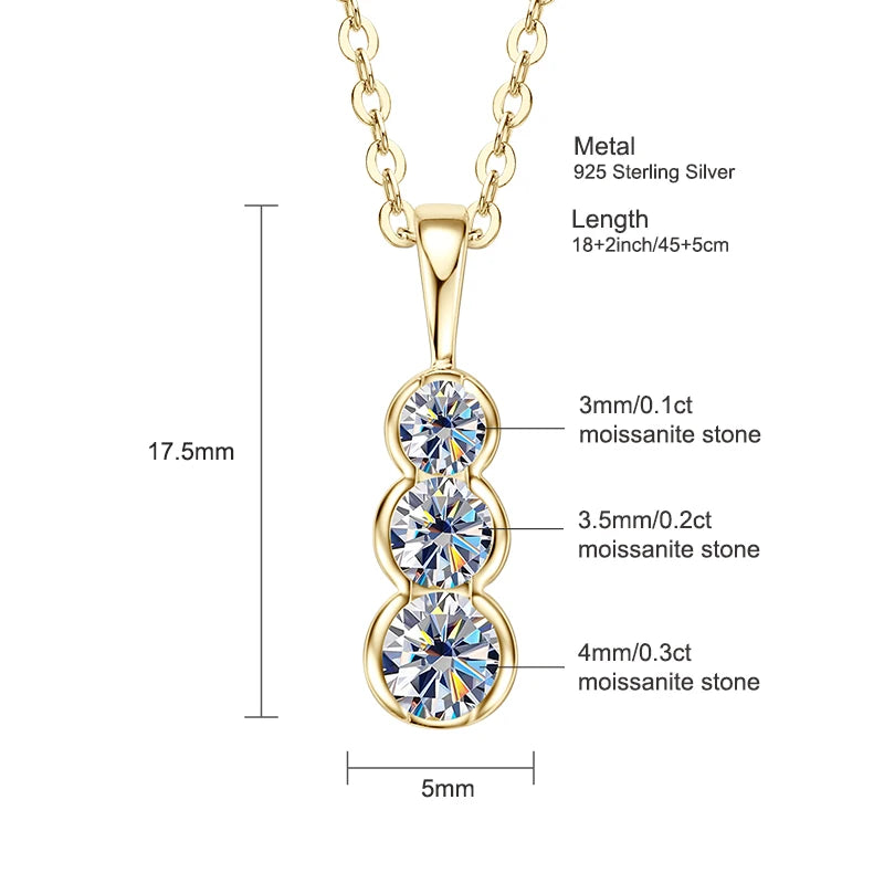 4mm&3.5mm&3mm 0.60cttw. 3 Stones D Color Moissanite Pendant Necklaces 925 Silver for Women 18K Gold Plated 2025 Trendy Jewelry